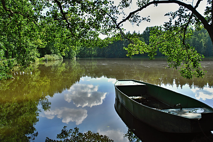 étang, eau, bateau à rames, Bohême du Sud, surface, nuages, branches d’arbres