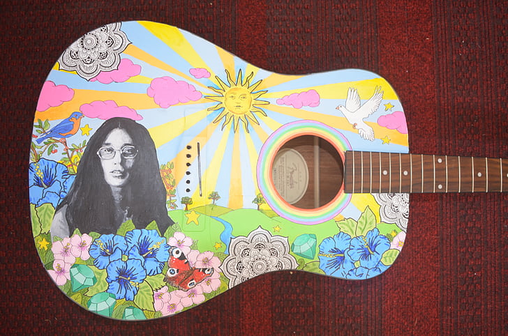 acoustic guitar, hippie, guitar, painted, 60ies, art, artist