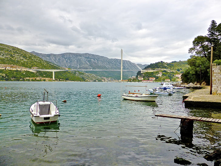 tengerpart, híd, vízparton, Dubrovnik, festői, csónakok, Adriai-tenger