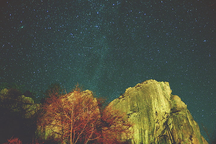 penhasco, à noite, foto, estrela, árvore, astrofotografia, céu noturno