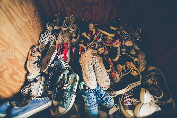 assorted, low, top, sneakers, inside, brown, wooden