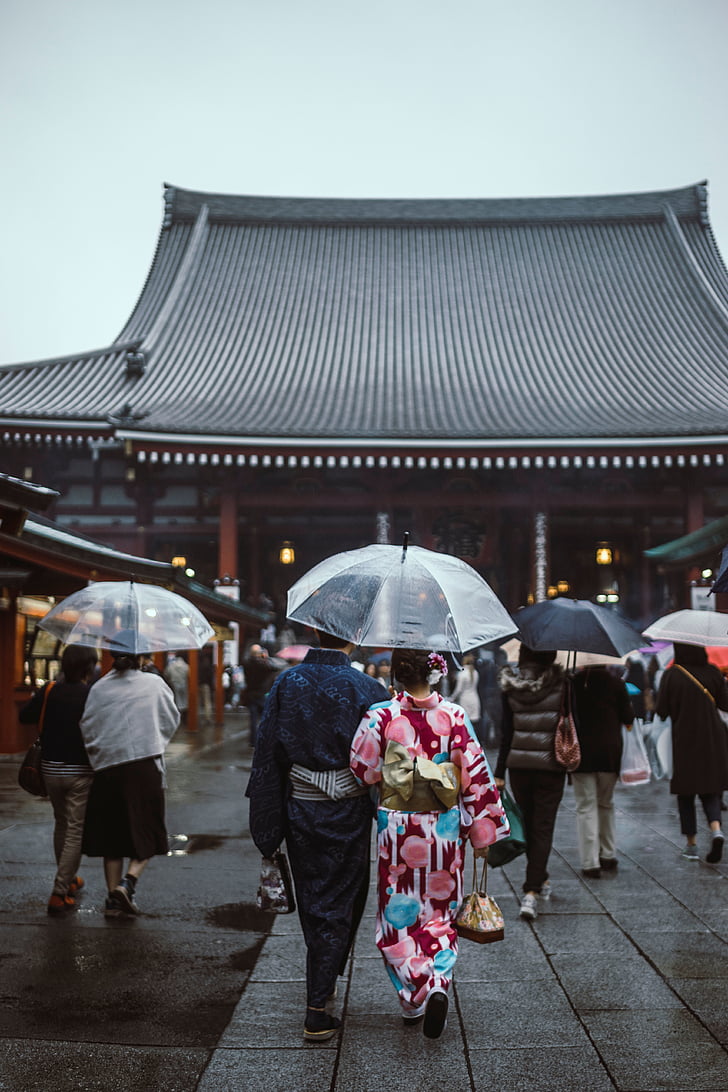 asiatique, gens, femmes, jeunes filles, kimono, Japonais, lanterne