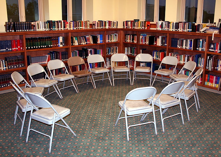 stoelen, cirkel, bibliotheek, discussie, onderwijs, leren, school