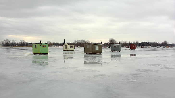 Cabañas de pesca de hielo, pesca en el hielo, Lago, pescado, hielo, pesca, nieve