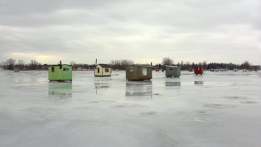 Ľadové rybárske chaty, Rybolov pod ľadom, jazero, ryby, ľad, Rybolov, sneh