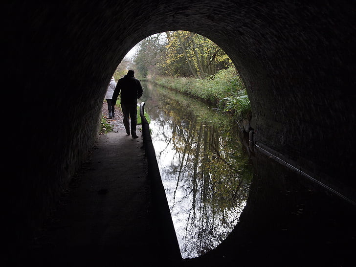 canal, tunnel, sombre, eau, béton, architectural