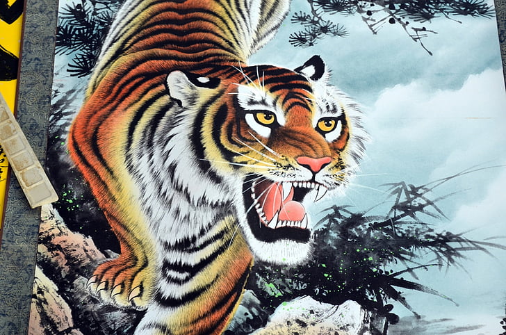 desplaçament, tigre, animals, Xina, pintura, Art