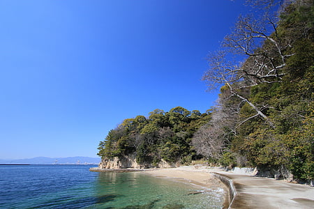 morze, błękitne niebo, Wybrzeże, Seto Naikai, Japonia, Hiroshima, drewno
