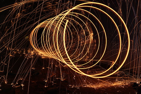 steelwool, dark, firespin, spiral, art, sparks, lights