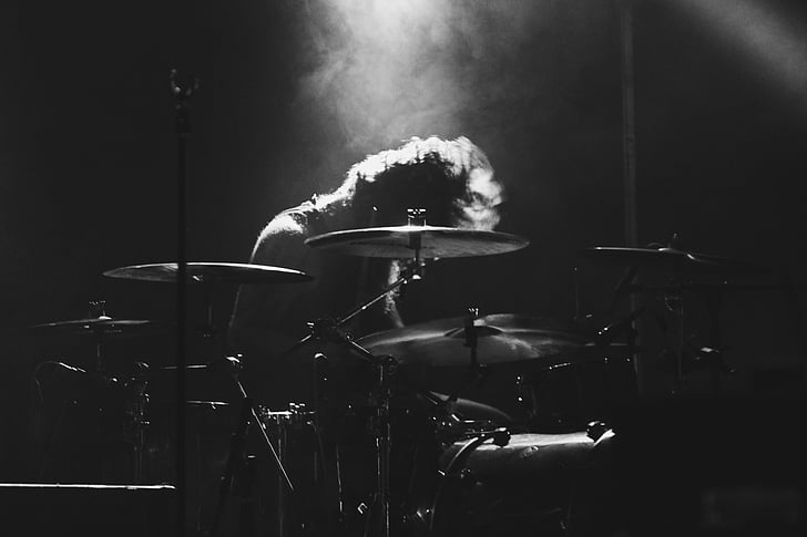 rock, star, playing, concert, drum, set, grayscale