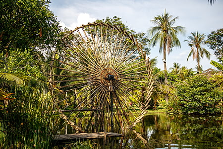 bamboo, water wheel, natural, stream, energy, agriculture, pump