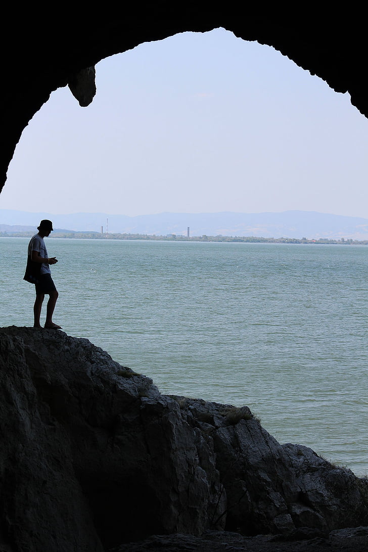 Печера, фотограф, озеро, людина, людина, силует, горизонт