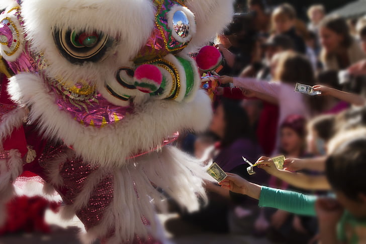 chinese new year, dragon, money, children, street performance, celebration, new year