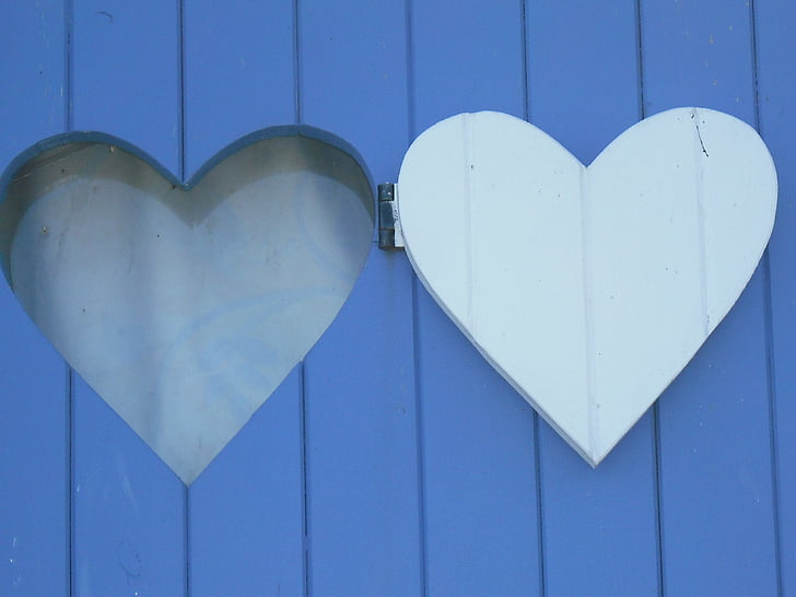 corazón, azul, madera, panel de, ventana