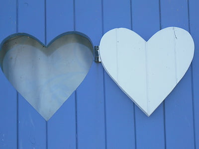 hjärtat, blå, trä, fönstret, fönster