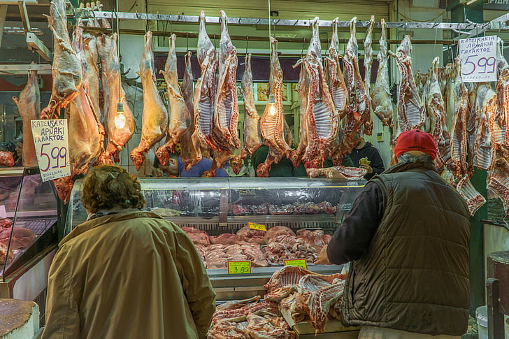 Carnicero, clientes, carne de cabra, mercado, pasillo del mercado, mercado de la carne