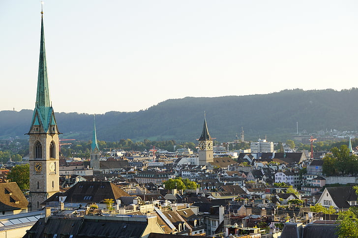 Zurich, staré mesto, kostoly, Švajčiarsko, strechy, mesto, domy