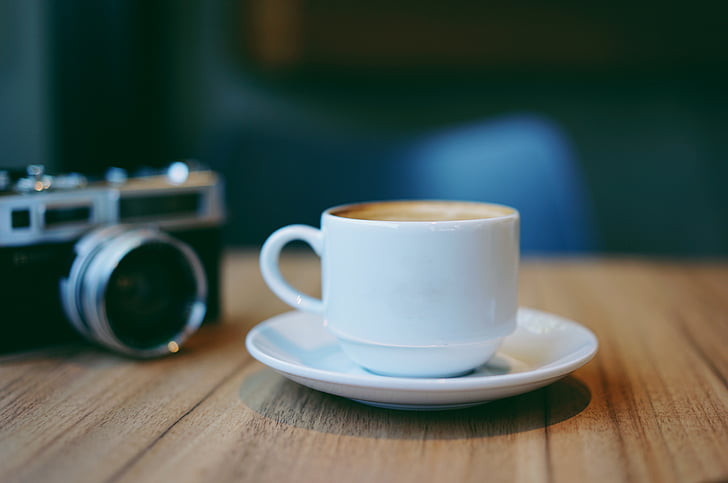 camera, photography, table, blur, cup, saucer, coffee