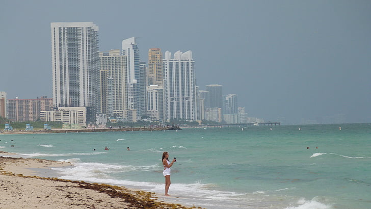 Miami, Miami beach, Skyline, Wybrzeże, Ocean, Plaża, rano