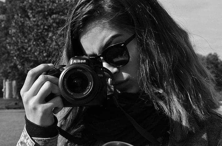 Nikon, SLR, συμμαθητής, μαλλιά, κασκόλ, με τα πόδια, γυαλιά ηλίου