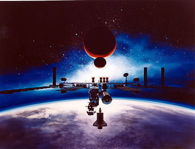 nave espacial, espacio, estación de, Dom, artista, representación, órbita