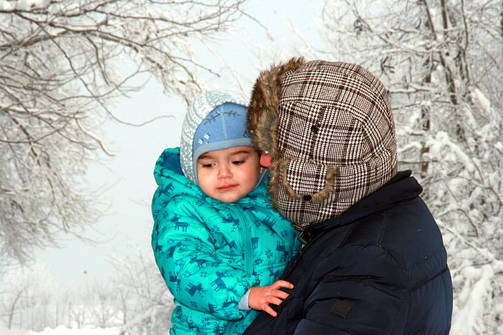 dad, son, hug, love, winter