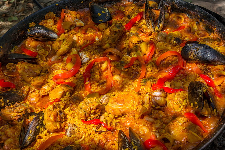 paella, andalusia, spain, cooking, mussels, mixed, pan