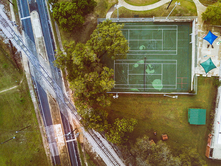 aérea, modo de exibição, tênis, Tribunal, perto de, rua, quadra de tênis