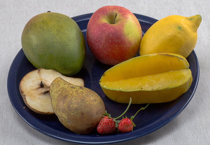 frutas, prato de frutas, limão, Apple, Pear, Carambola, Carambola