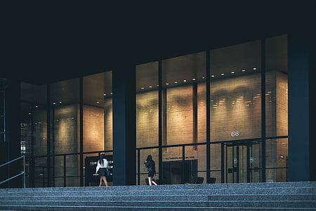 building, columns, company, office building, stairs, walking, women