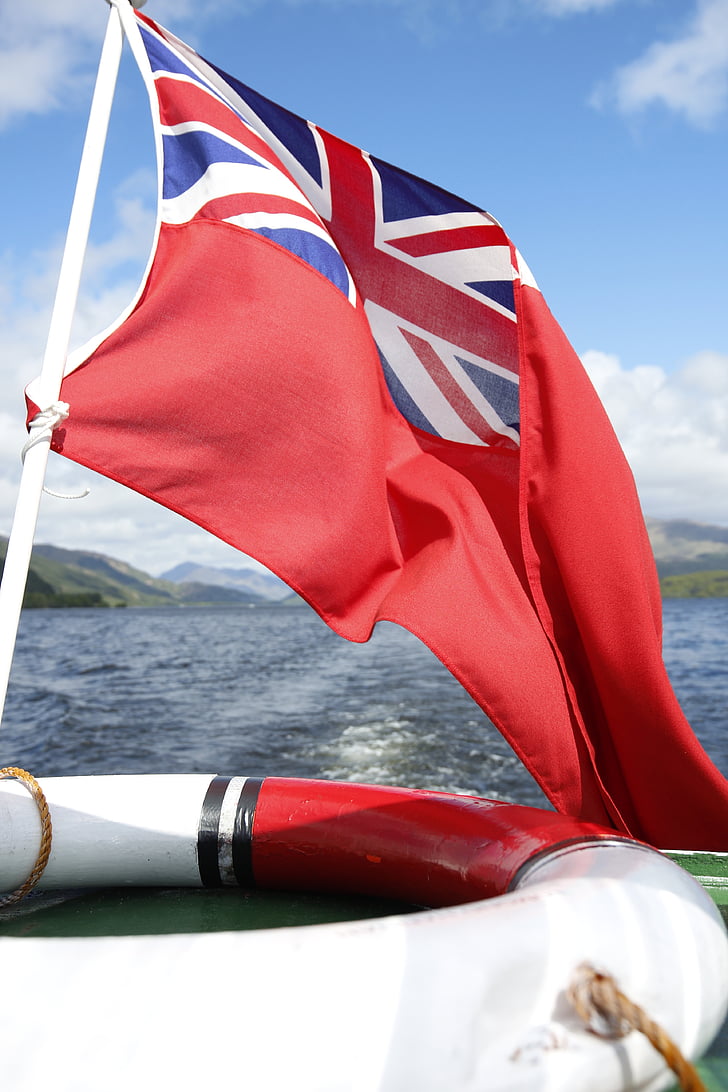 Skotland, vand, boot, flag, redningskrans, sommer, blå himmel