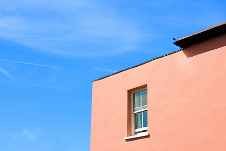 rumah, jendela, tepi, dinding, arsitektur, Tangerine, langit biru