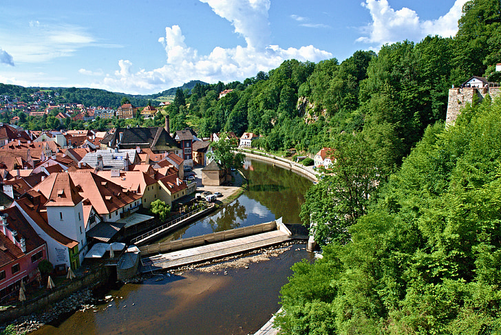Český krumlov, pohled, řeka, Weir, staré město, krajina, Jižní Čechy