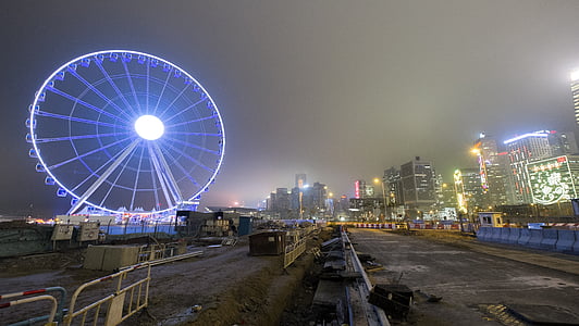 panoramsko kolo Wiener Riesenrad, Hong kong, HK, Hongkong, nočni pogled, veliko f