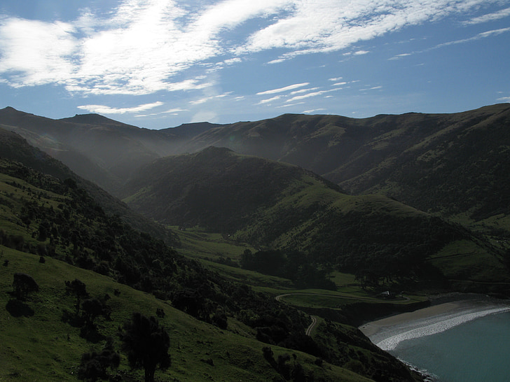 paisagem, Baía de pulga, Península de Akaroa, Nova Zelândia, montanhas, verde, campos