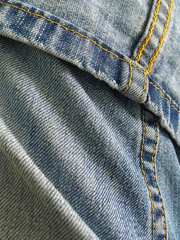 jeans, stof, blå, gul, syning, tekstiler, kjole