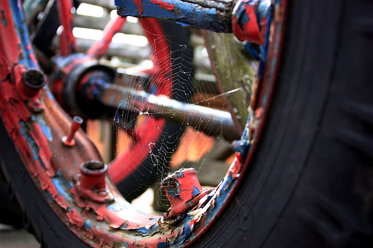 rueda, tela de araña, telas de araña, madura, antiguo, oxidado, verwettert