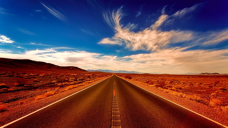 desert, landscape, road, highway, travel, sky, clouds