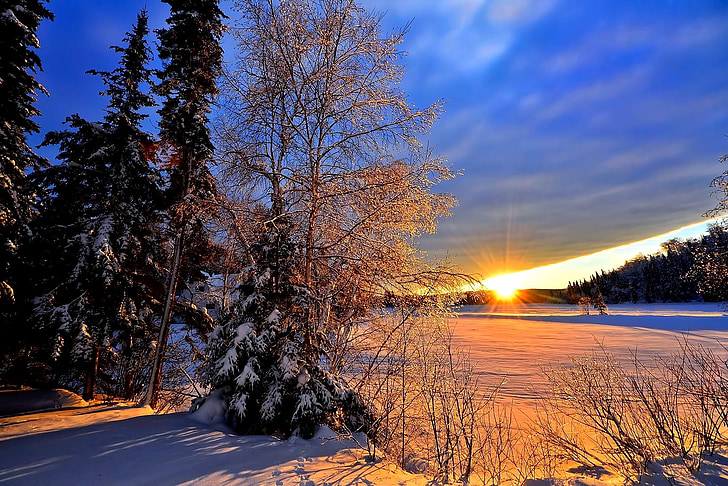 Zimná krajina, západ slnka, zimné, Twilight, za studena, sneh, Príroda