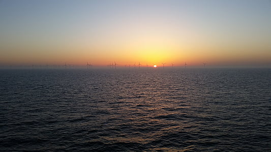 sunset, ocean, sea, water, wind, energy, windmills