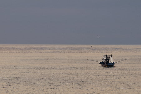 mare, pescari, nava, pescuit, seara, orizont