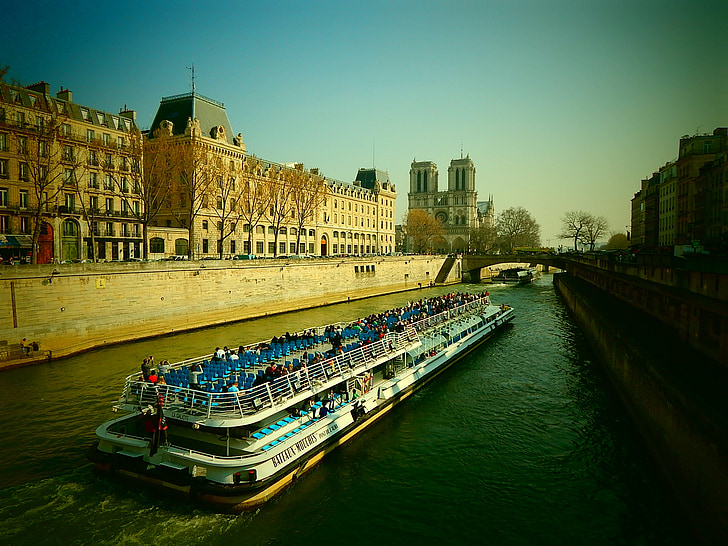 a, Párizs, folyó, hajó, turisták, Franciaország, Notre dame