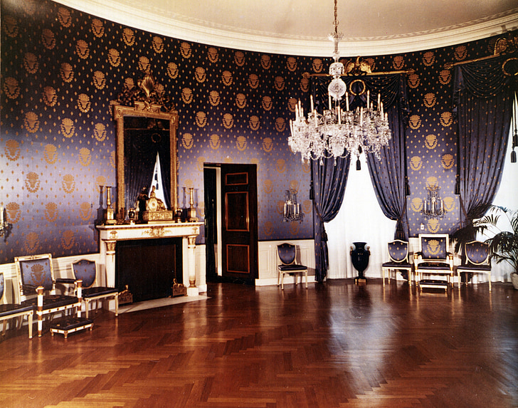 the white house, 1952, blue room, washington dc, wood floor, reflections, wallpaper