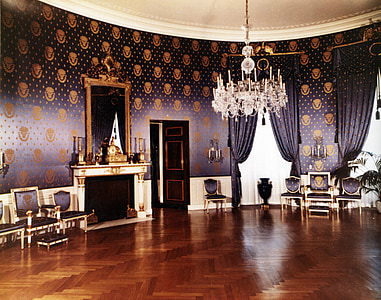 Белия дом, 1952 г., синя стая, Вашингтон, дървени подови, Размисли, тапети