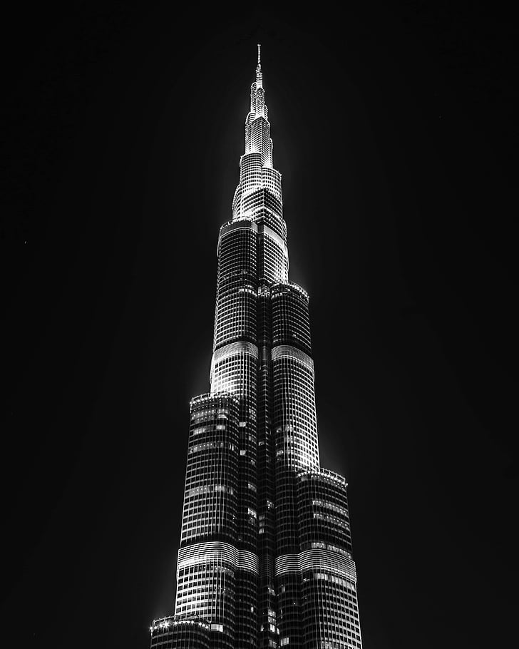 Dubai, noć, crno i bijelo, Emirati, Arapi, Ujedinjeni Arapski Emirati, neboder