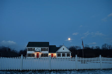moon, house, picket fence, lights, night time, evening, dusk