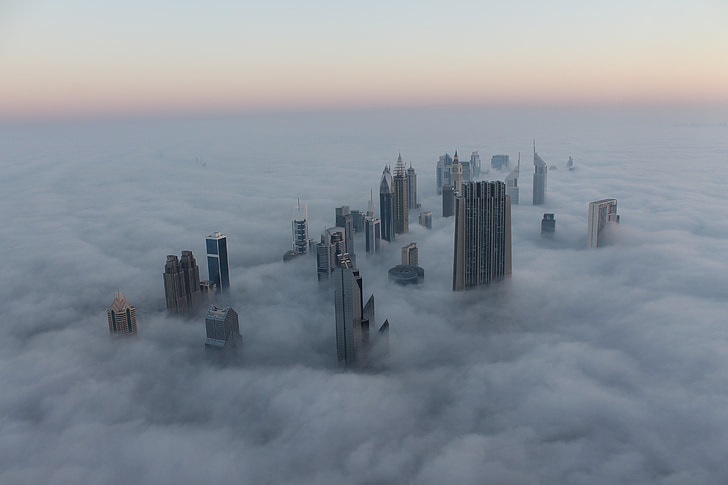 cảnh quan thành phố, Dubai, sương mù, mặt trời mọc, Burj, UAE