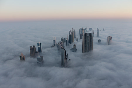 Panoráma mesta, Dubaj, hmla, Sunrise, Burj, Spojené Arabské Emiráty