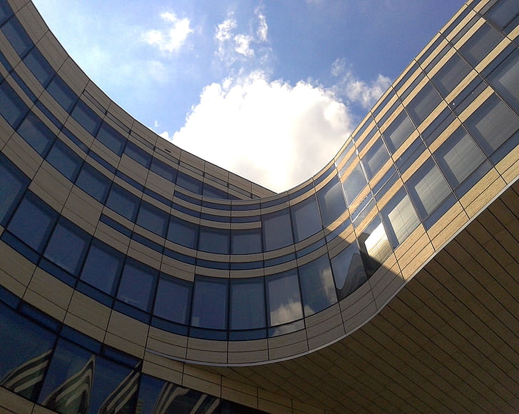 arquitectura, moderna, edifici, façana, Düsseldorf, blavós, reflectint