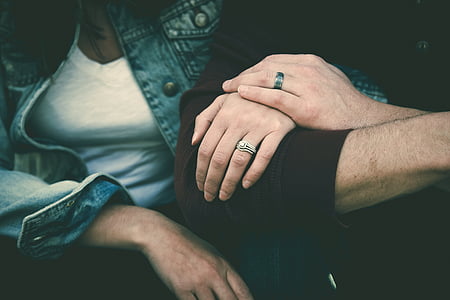 couple, hands, holding hands, man, partner, people, rings